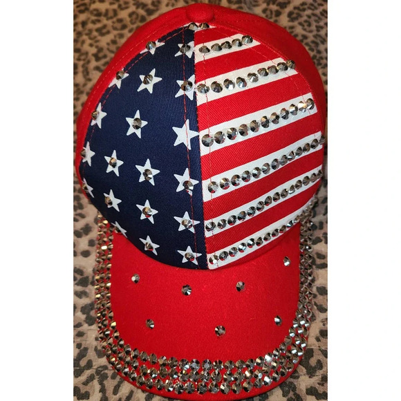 American Flag Theme Studded Baseball Cap One Size Cotton Adjustable Strap (E6) - Picture 1 of 6
